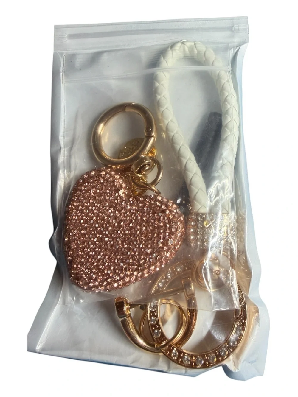 Rose Gold Heart Crystal Keychain with White Braided Strap